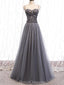 Spaghetti Straps Grey Rhinestone Beaded A-line Long Evening Prom Dresses, Evening Party Prom Dresses, 12330
