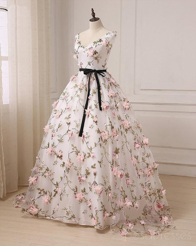 V Neck A line Lace Flower Long Evening Prom Dresses, 17553