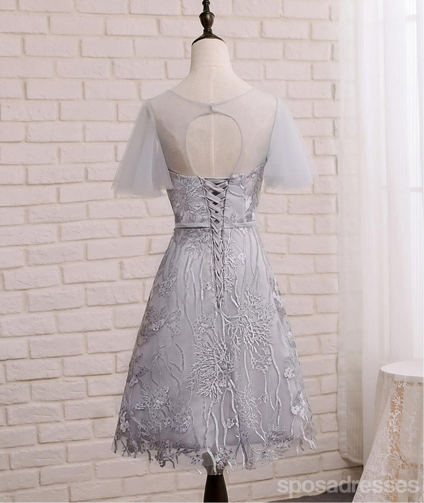 Short Sleeve Gray Lace Cute Homecoming Prom Dresses, Affordable Short Party Prom Sweet 16 Dresses, Perfect Homecoming Cocktail Dresses, CM338