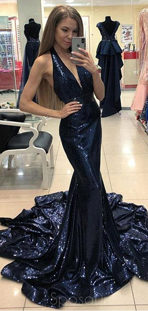 Sparkly Sequin Mermaid Navy Halter Long Evening Prom Dresses, Cheap Sweet 16 Dresses, 18439