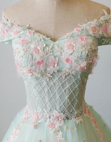 Off Shoulder Green Lace A line Evening Prom Dresses, See Through Party Prom Dresses, Custom Long Prom Dresses, Cheap Formal Prom Dresses, 17157