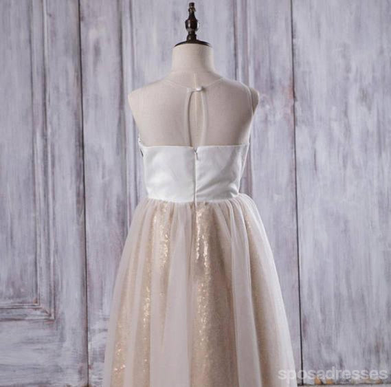 Illusion Ivory Lace Tulle Flower Girl Dresses With Gold Sequin Skirt, Cheap Junior Bridesmaid Dresses, FG060