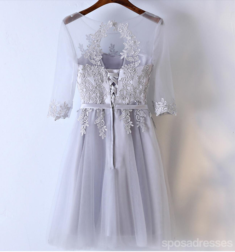 Long Sleeve Lace Gray Homecoming Prom Dresses, Affordable Corset Back Short Party Prom Dresses, Perfect Homecoming Dresses, CM255