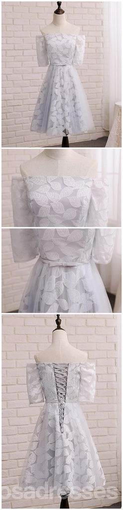 Short Sleeve Gray Leaf Lace Cute Homecoming Prom Dresses, Affordable Short Party Prom Sweet 16 Dresses, Perfect Homecoming Cocktail Dresses, CM339