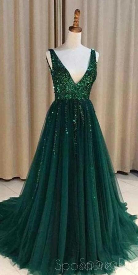 V Neck Emerald Green Tulle  A line Long Custom Evening Prom Dresses, 17452