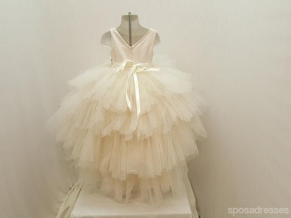 Ivory Satin Top Rhinestone Belt Hi-low Tulle Flower Girl Dresses,  Cheap Little Girl Dresses, FG028