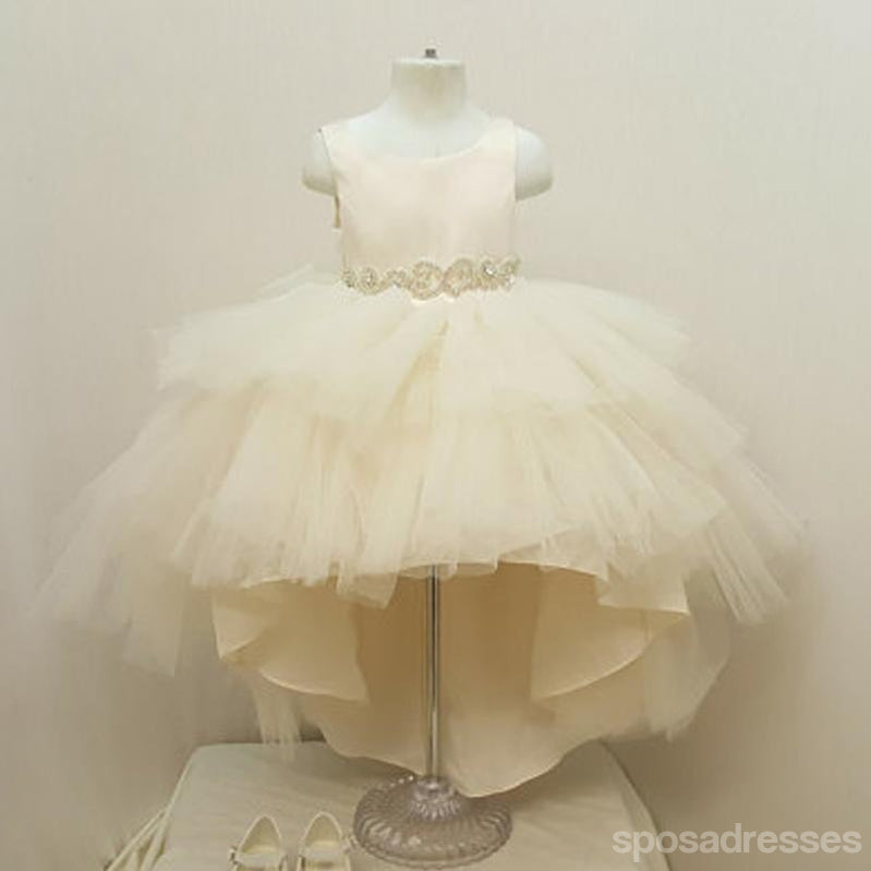 Ivory Satin Top Rhinestone Belt Hi-low Tulle Flower Girl Dresses,  Cheap Little Girl Dresses, FG028