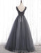V Neck Grey Beaded Tulle Long Cheap Evening Prom Dresses, Evening Party Prom Dresses, 12331