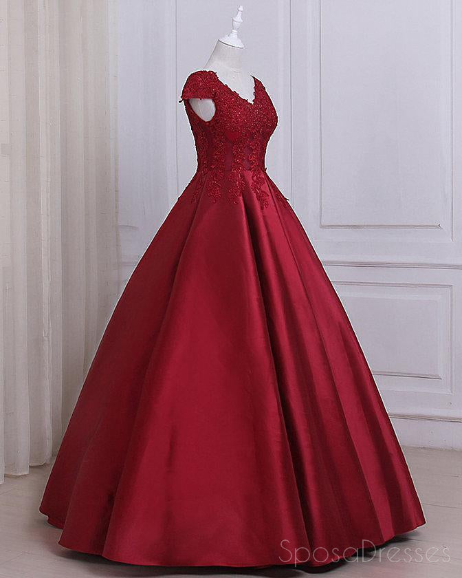 See Through Cap Sleeves Red Lace A line Long Evening Prom Dresses, 17557