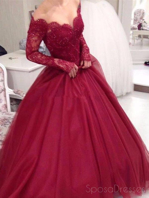 Off Shoulder Dark Red Long Sleeve Lace A line Long Evening Prom Dresses, 17470