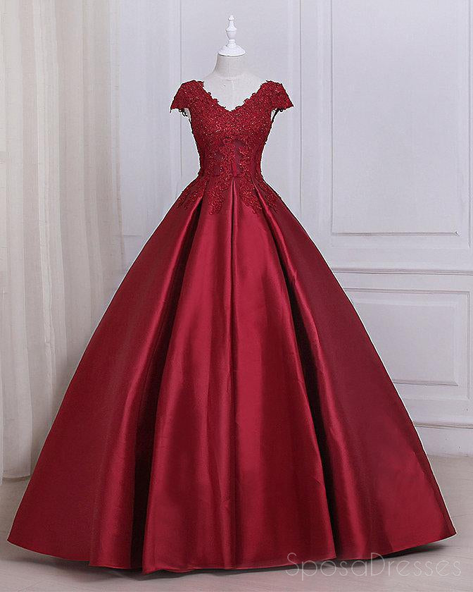 See Through Cap Sleeves Red Lace A line Long Evening Prom Dresses, 17557