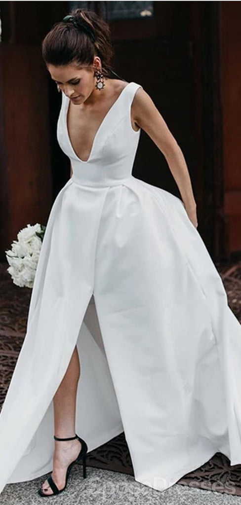 Simple V-Neck A-line Side Slit Cheap Wedding Dresses Online, Cheap Unique Bridal Dresses, WD605