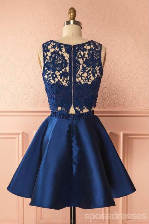 Sexy Two Pieces Navy Blue Illusion Lace Cheap Short Homecoming Dresses 2018, CM556