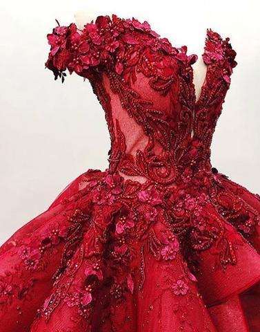 Off Shoulder Red Lace Ball Gown Long Evening Prom Dresses, Cheap Custom Sweet 16 Dresses, 18557