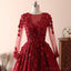 Long Sleeves Lace Dark Red Evening Prom Dresses, Cheap Custom Sweet 16 Dresses, 18533