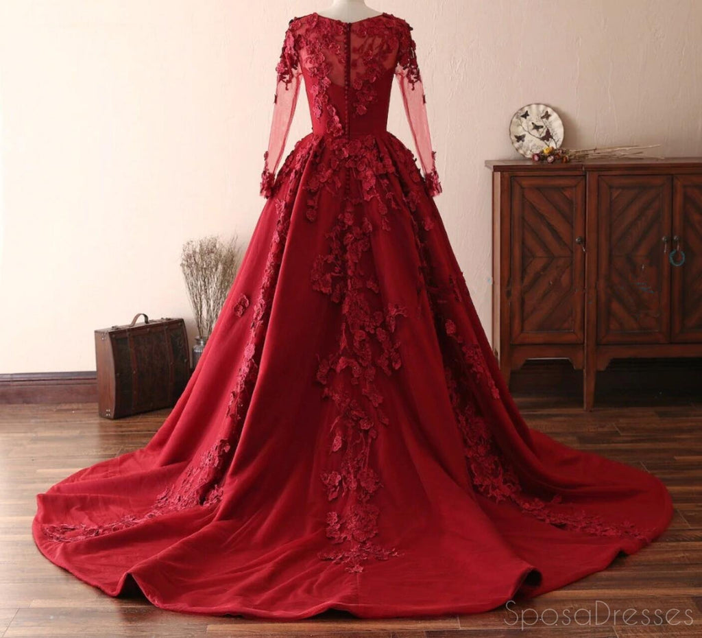 Long Sleeves Lace Dark Red Evening Prom Dresses, Cheap Custom Sweet 16 Dresses, 18533