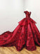 Off Shoulder Red Lace Ball Gown Long Evening Prom Dresses, Cheap Custom Sweet 16 Dresses, 18557