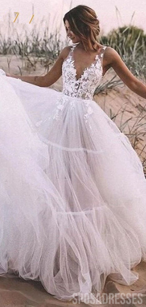 V Neck Lace Applique Tulle A-line Wedding Dresses, Cheap Wedding Gown, WD683