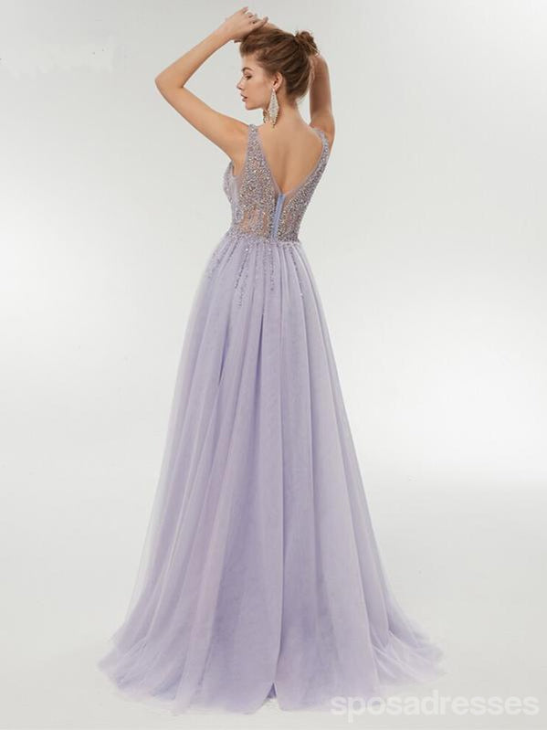 Purple A-line V-neck See Through High Slit Long Party Prom Dresses Online,12556