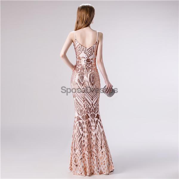 Spaghetti Straps Rose Gold Sequin Mermaid Evening Prom Dresses, Evening Party Prom Dresses, 12114