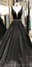 V-neck Black Lace Beaded A-line Long Evening Prom Dresses, Cheap Custom Sweet 16 Dresses, 18553