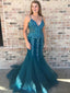 Turquoise See Through V Neck Mermaid Long Evening Prom Dresses, 17543