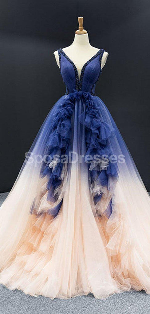 V Neck Ombre A-line Cheap Long Evening Prom Dresses, Evening Party Prom Dresses, 12249