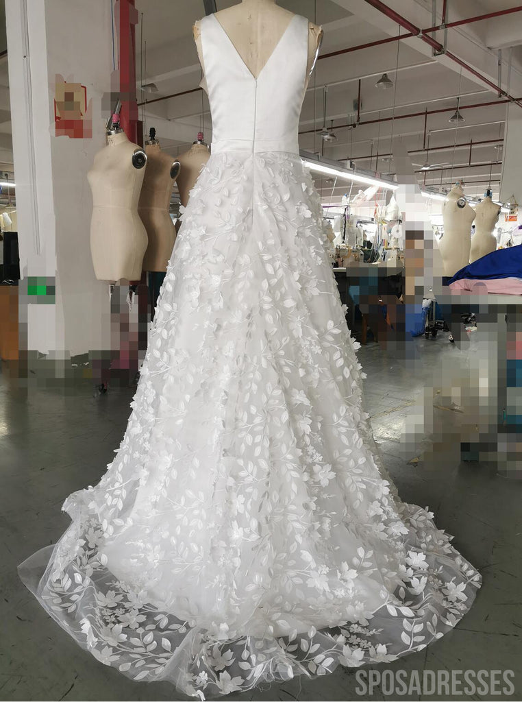 V Neck Flower Skirt Lace Wedding Dresses, Cheap Wedding Gown, WD675