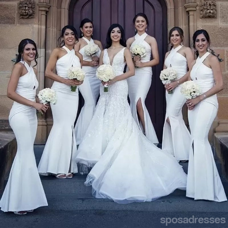 Simple White Mermaid Halter High Slit Cheap Long Bridesmaid Dresses Online,WG1192