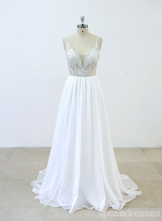 Spaghetti Straps Lace Beaded Cheap Beach Wedding Dresses Online, WD377