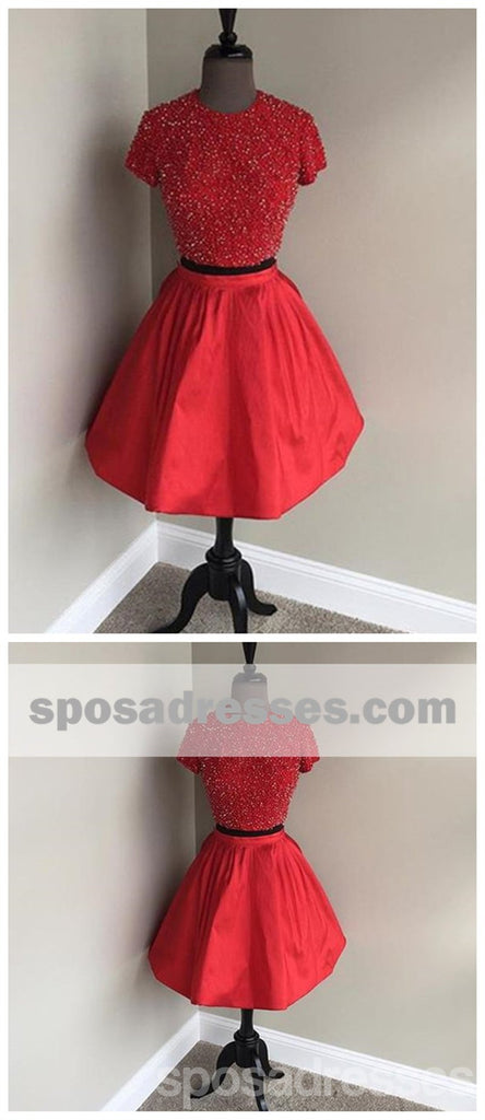 Two Pieces Short Sleeves High Neck Short Red Homecoming Dresses 2018, CM521