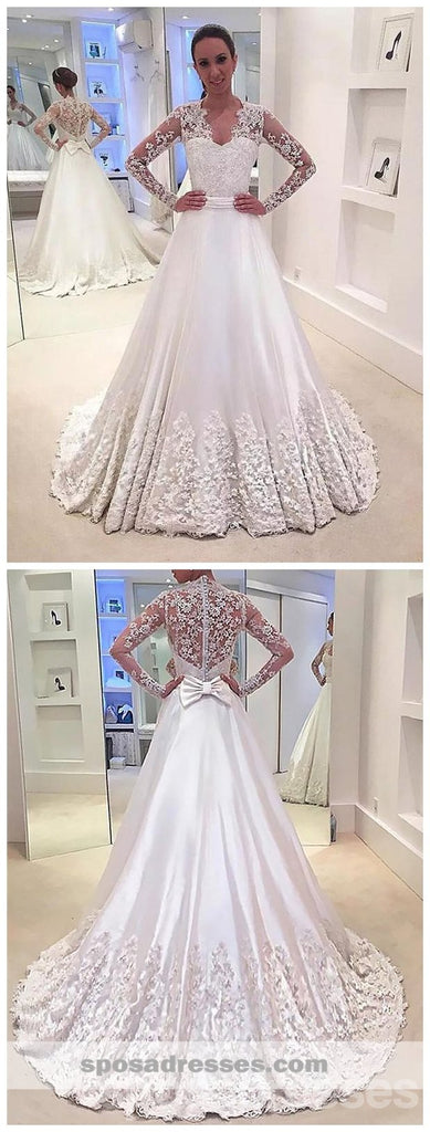 See Through Lace Long Sleeves A-line Wedding Dresses Online, Cheap Lace Bridal Dresses, WD451