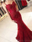 Spaghetti Straps Red Lace Mermaid Long Evening Prom Dresses, 17505