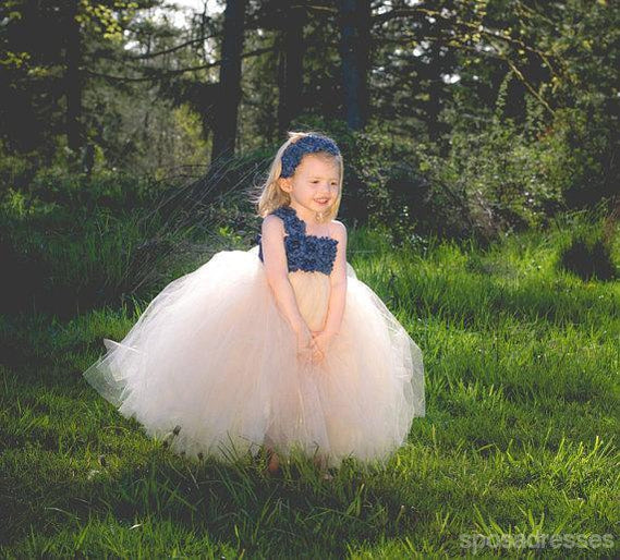 One Shoulder Blue flower Top Tulle Flower Girl Dresses, Lovely Tutu Dresses,  FG036