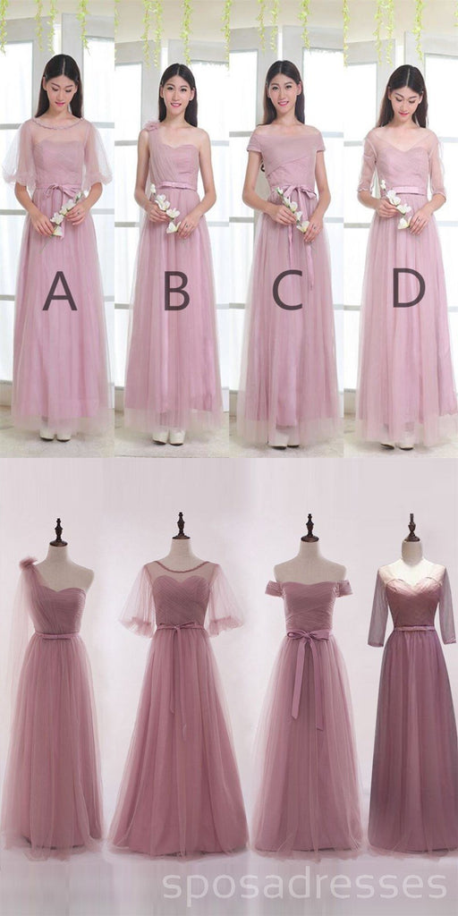 Mismatched Elegant Dusty Pink Soft Tulle Long Bridesmaid Dresses,BD013