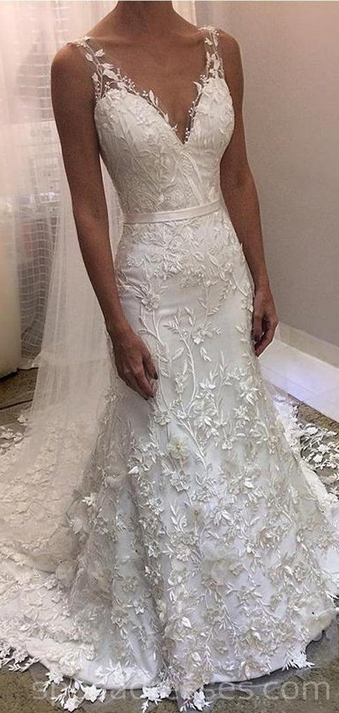 V Neck Backless Lace Mermaid Cheap Wedding Dresses Online, Cheap Bridal Dresses, WD530