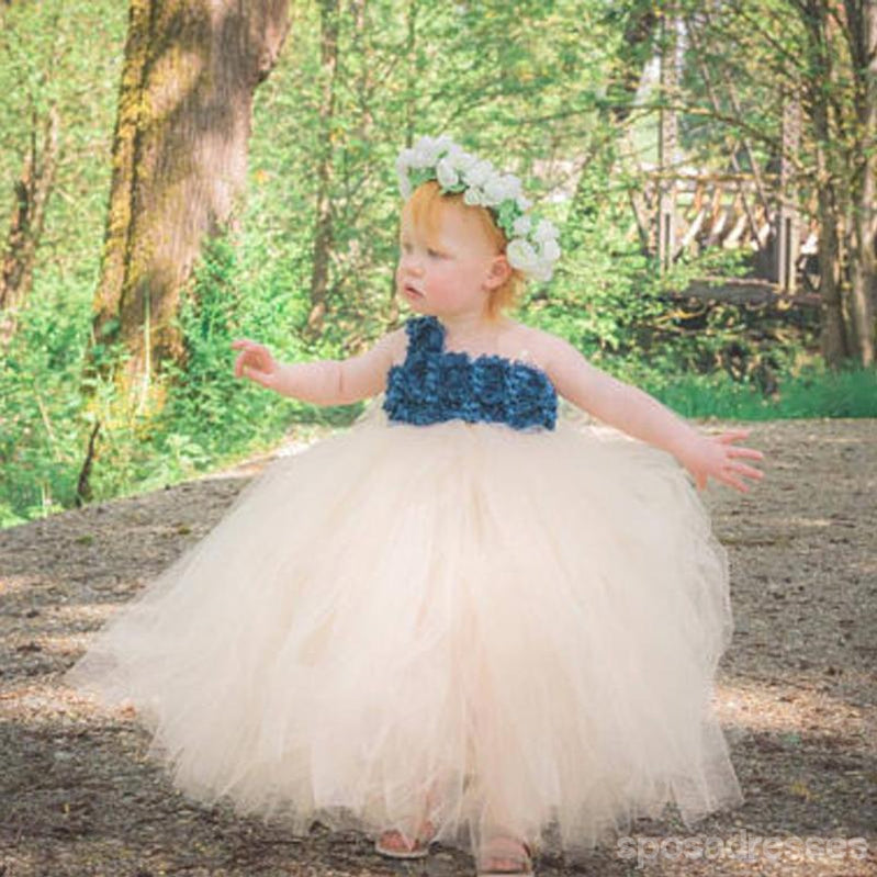 One Shoulder Blue flower Top Tulle Flower Girl Dresses, Lovely Tutu Dresses,  FG036