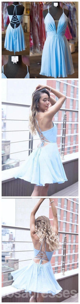 Sexy Casual Chiffon Blue Spaghetti Straps Short Cheap Homecoming Dresses Online, CM566