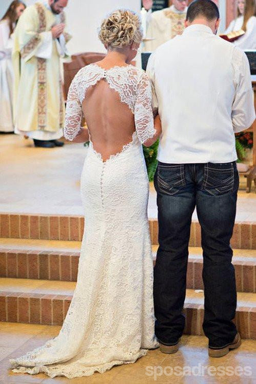 Long Sleeve Lace Open Back Mermaid Wedding Dresses, Long Custom Wedding Gowns,  17117