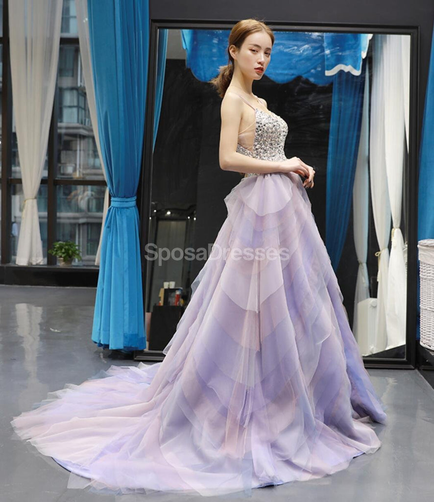 Spaghetti Straps Ombre Ruffles Long Evening Prom Dresses, Evening Party Prom Dresses, 12241