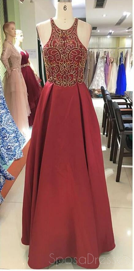 Sexy Open Back Halter Gold Beading Dark Red Long Evening Prom Dresses, Popular Cheap Long 2018 Party Prom Dresses, 17296