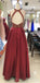 Sexy Open Back Halter Gold Beading Dark Red Long Evening Prom Dresses, Popular Cheap Long 2018 Party Prom Dresses, 17296