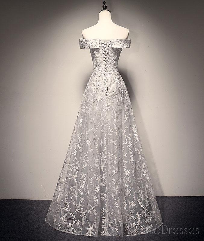 Off Shoulder Grey Lace A-line Long Evening Prom Dresses, Cheap Sweet 16 Dresses, 18407
