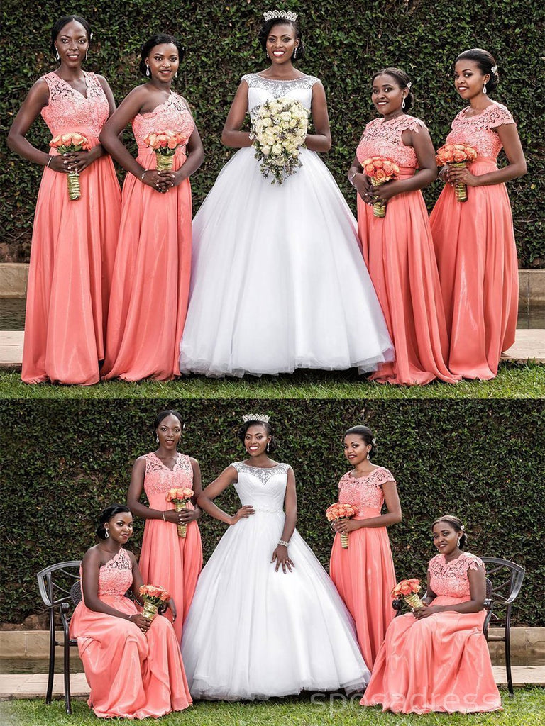 Peach Mismatched Lace Bodice Long Chiffon Cheap Bridesmaid Dresses, WG281
