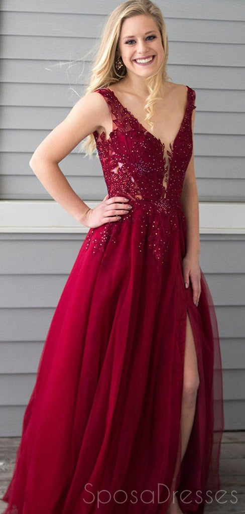 V Neck Burgundy Side Slit Cheap Long Evening Prom Dresses, Cheap Sweet 16 Dresses, 18332