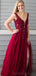 V Neck Burgundy Side Slit Cheap Long Evening Prom Dresses, Cheap Sweet 16 Dresses, 18332