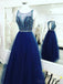 Sexy Open Back Royal Blue Delicate Beading Rhinestone A line Tulle Long Evening Prom Dresses, 17346