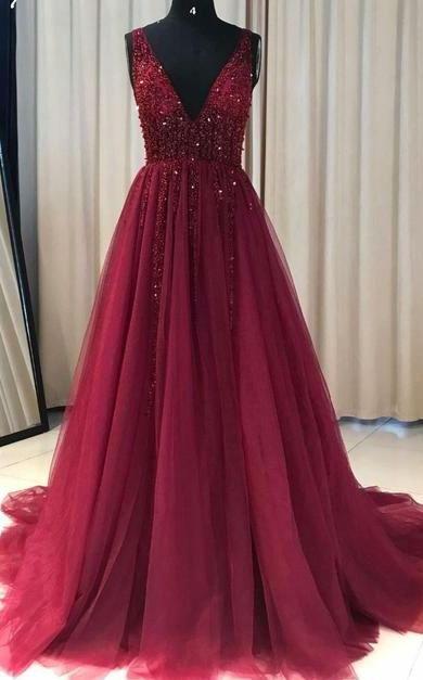 See Through V Neck Dark Red Beaded Long Evening Prom Dresses, Cheap Custom Party Prom Dresses, 18590