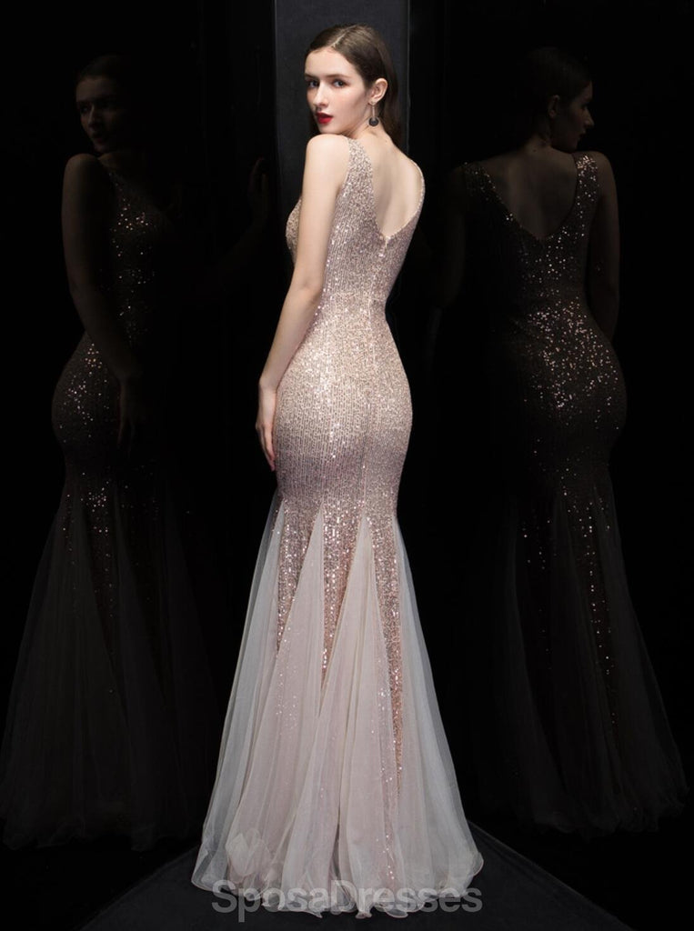 V Neck Rose Gold V Neck Mermaid Long Evening Prom Dresses, Evening Party Prom Dresses, 12322