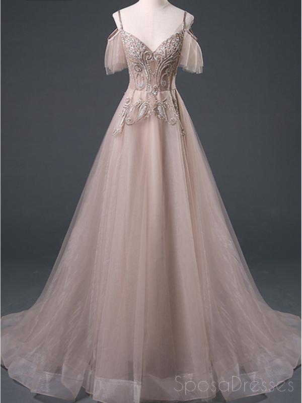 Spaghetti Straps Grey Blue Lace Beaded Cheap Long Evening Prom Dresses, Evening Party Prom Dresses, 18642